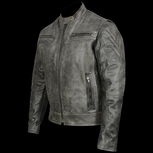 Men's Distressed Gray Padded and Vented Leather Scooter Jacket - Picture 1 of 3